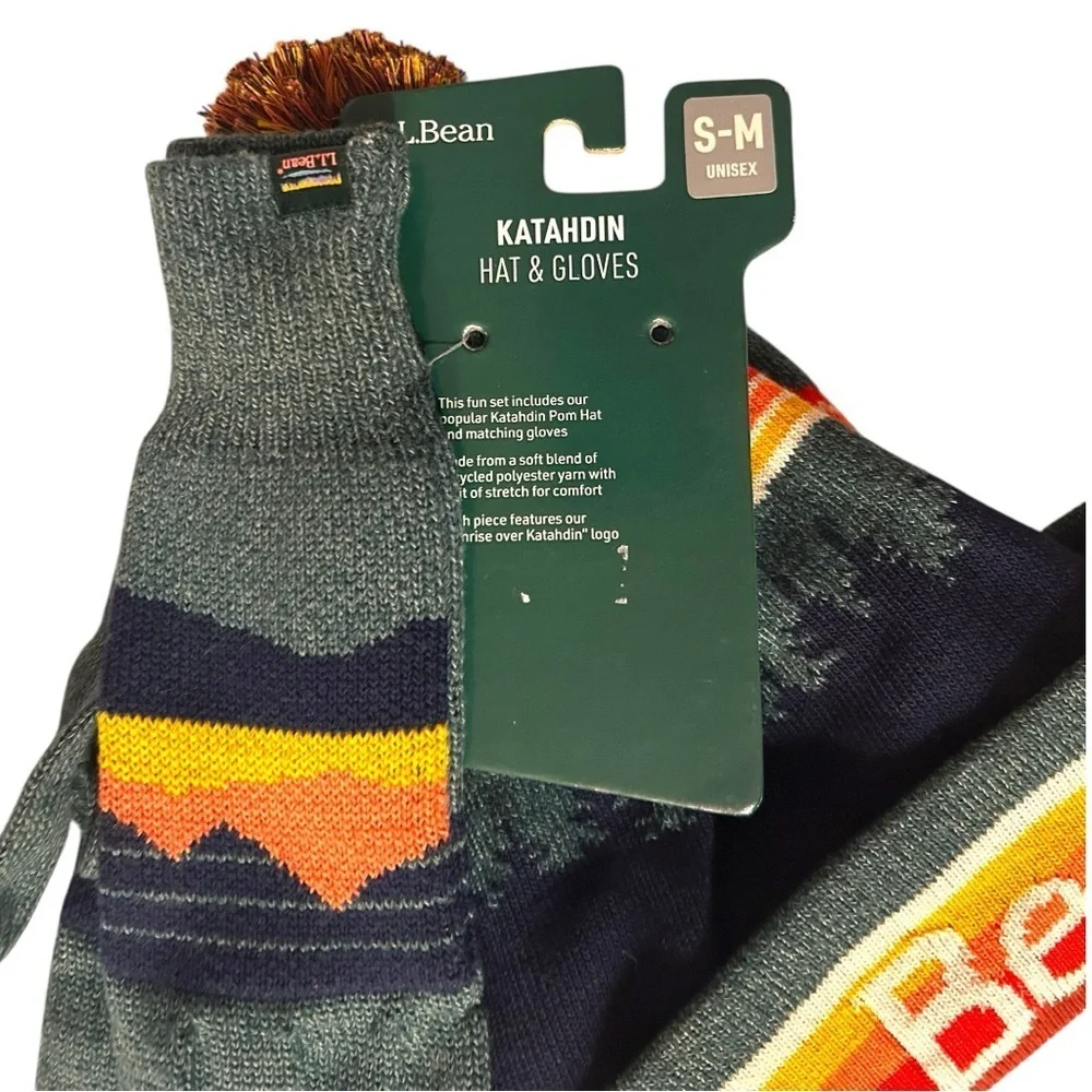 L.L. Bean Katahdin Multicolor Knit Gloves Pom Pom Hat